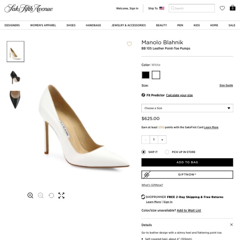 Manolo Blahnik White BB 105 Leather Point-Toe